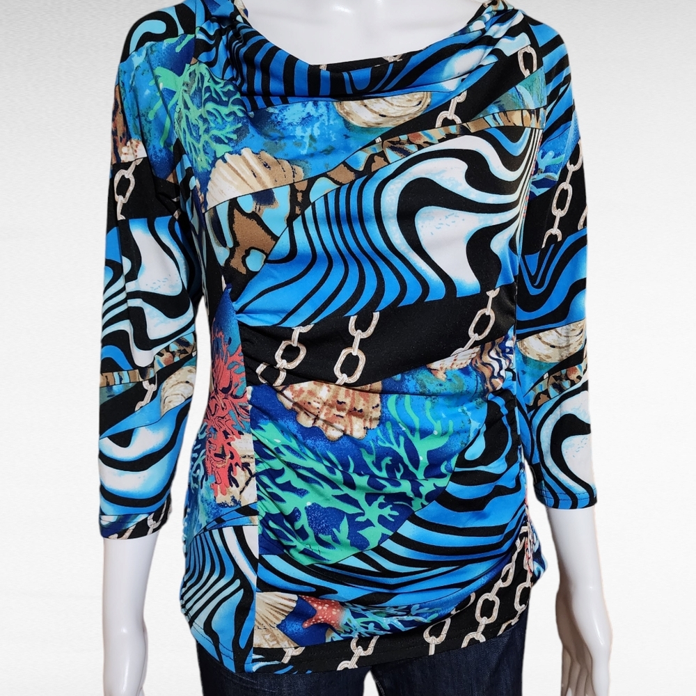 Brianna Baroque Aquatic Jersey Knit Ruched Drapeneck Blouse Size Small